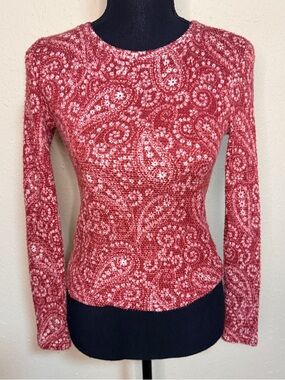 True Craft Women’s XS Red Paisley Knit Long-Sleeve Top Cozy Boho Western Cabin